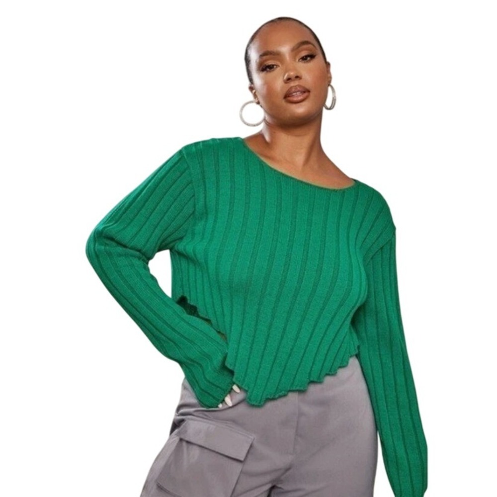 NWT Pretty Little Thing‎ Green Chunky Knit Long Sleeve Dip Hem Crop Top Plus 3X